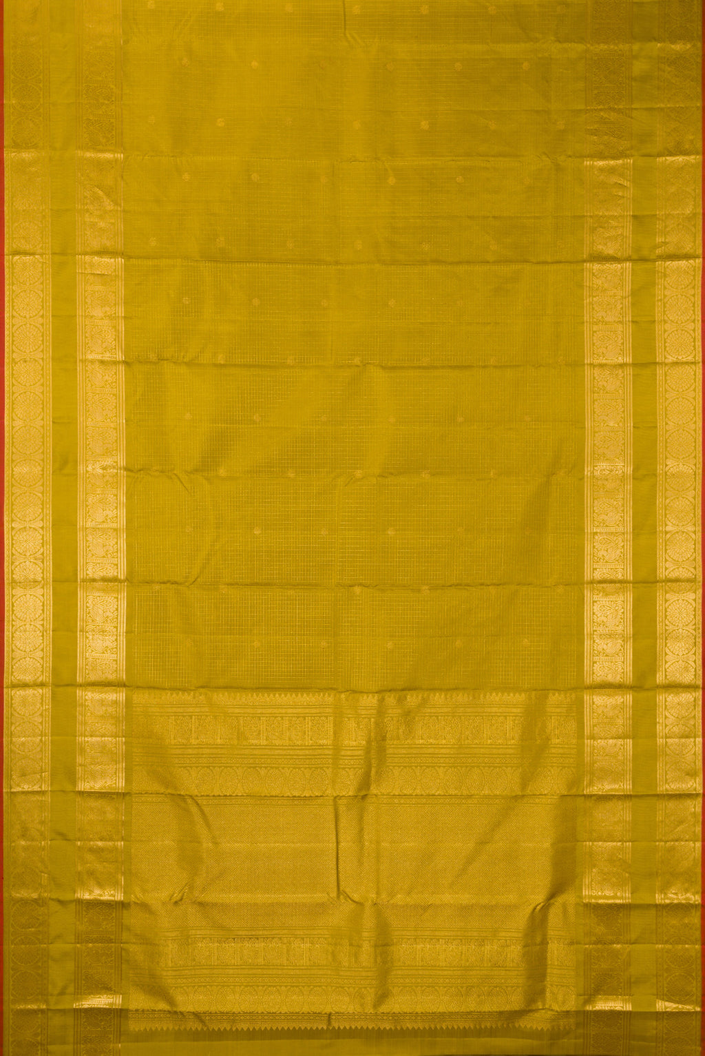 Flat view of Pure Silk Mehandi Green Dual Tone Kanjivaram Saree with Checked design on the body and Zari Border. 