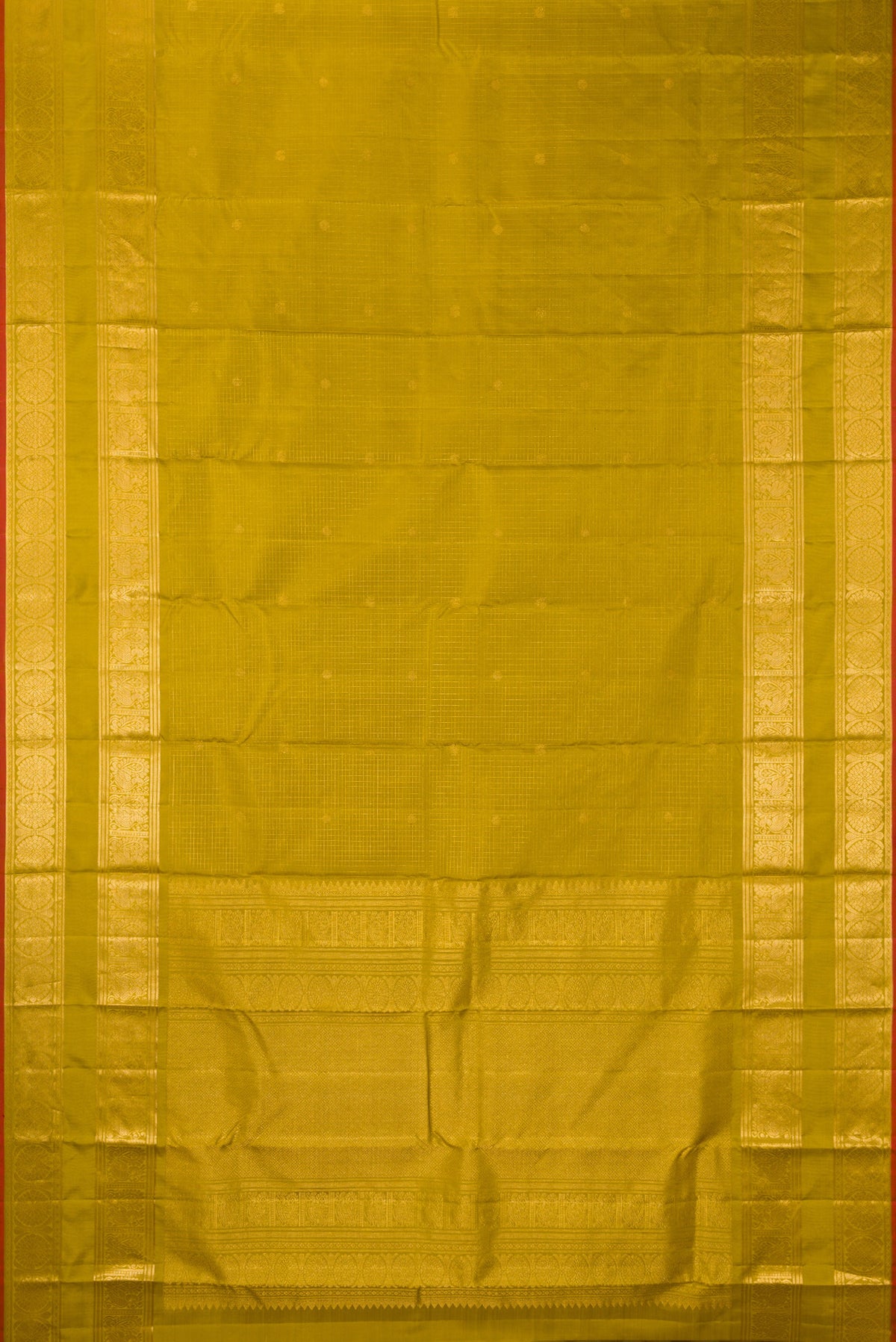 Flat view of Pure Silk Mehandi Green Dual Tone Kanjivaram Saree with Checked design on the body and Zari Border. 