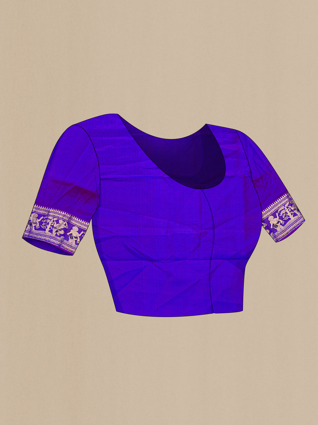 Close up image of the blouse of Pure Silk Purple Dual Tone Baluchari Saree with Zari And Thread Butta on the body and Fancy Border. 