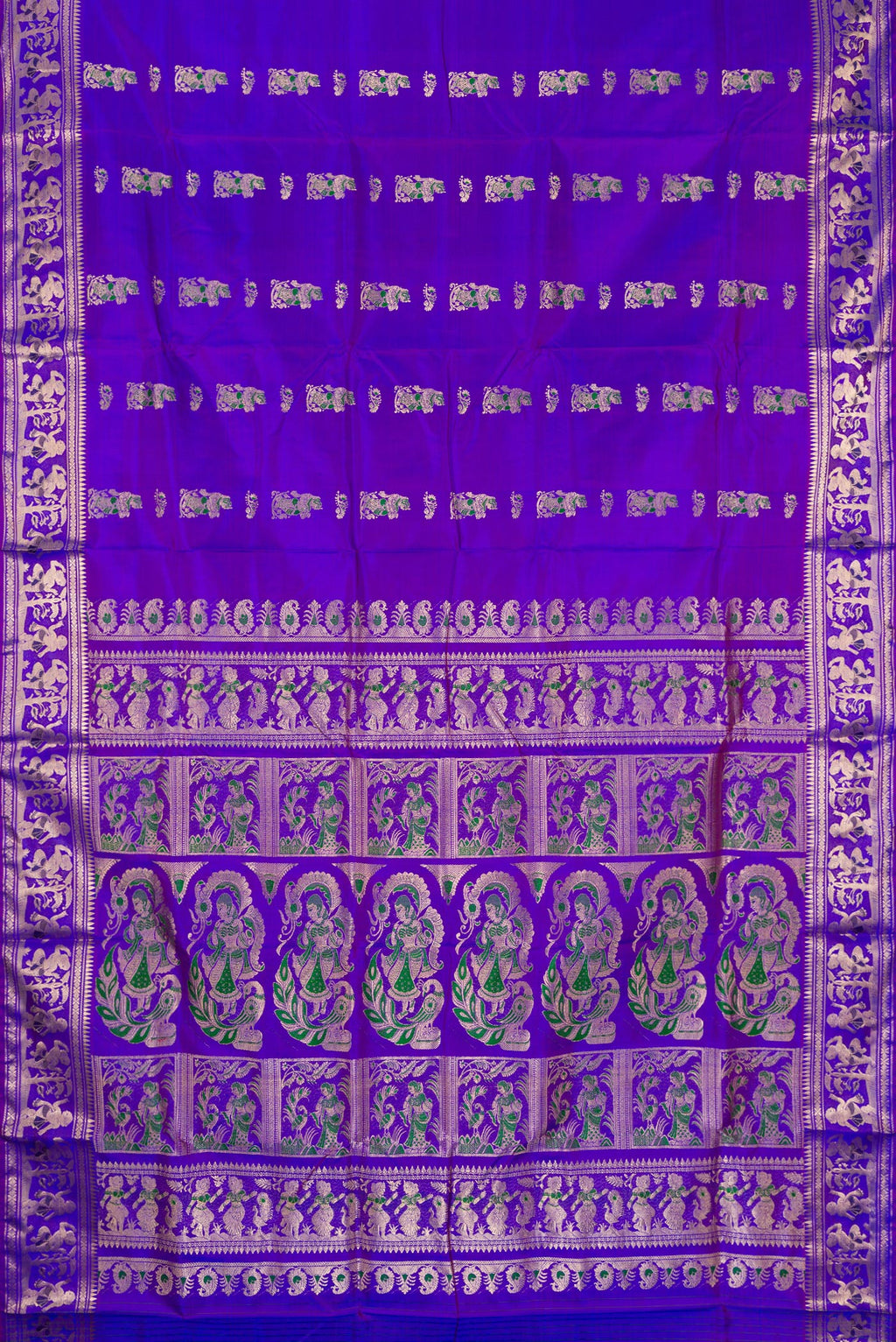 Flat view of Pure Silk Purple Dual Tone Baluchari Saree with Zari And Thread Butta on the body and Fancy Border. 