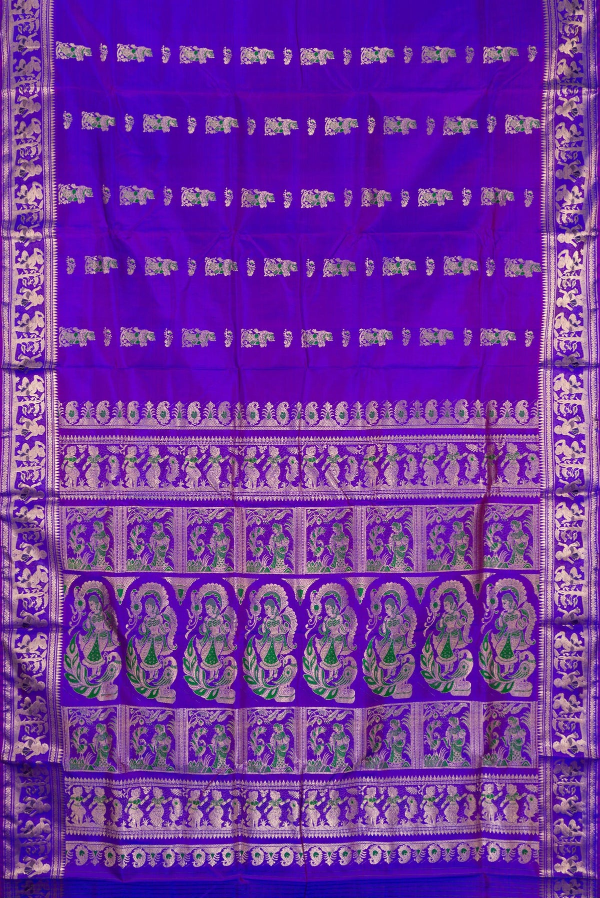 Flat view of Pure Silk Purple Dual Tone Baluchari Saree with Zari And Thread Butta on the body and Fancy Border. 