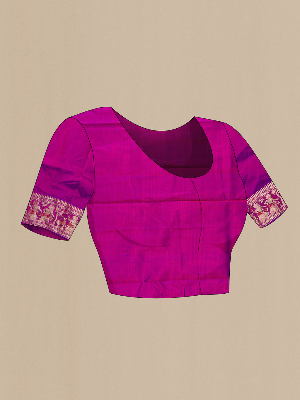 Close up image of the blouse of Pure Silk Magenta Dual Tone Baluchari Saree with Zari And Thread Butta on the body and Fancy Border. 