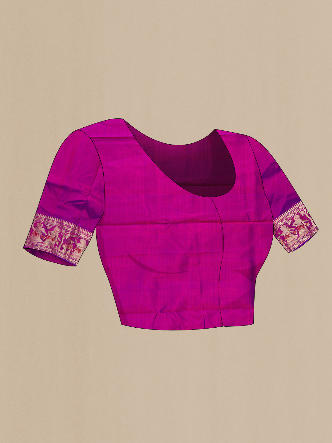 Close up image of the blouse of Pure Silk Magenta Dual Tone Baluchari Saree with Zari And Thread Butta on the body and Fancy Border. 