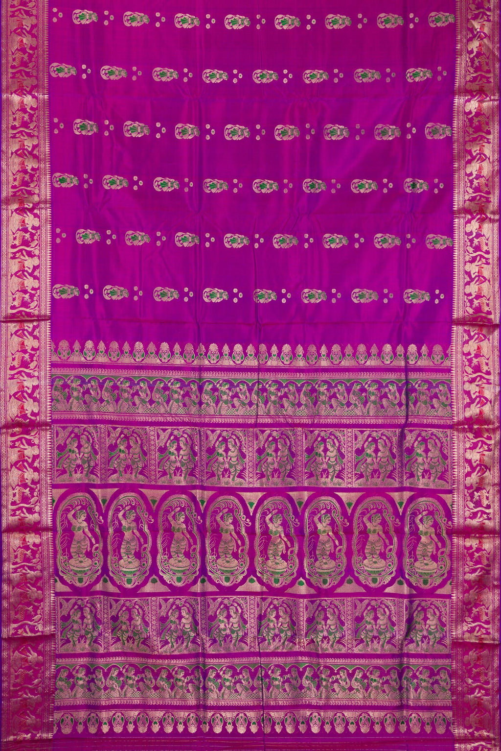 Flat view of Pure Silk Magenta Dual Tone Baluchari Saree with Zari And Thread Butta on the body and Fancy Border. 