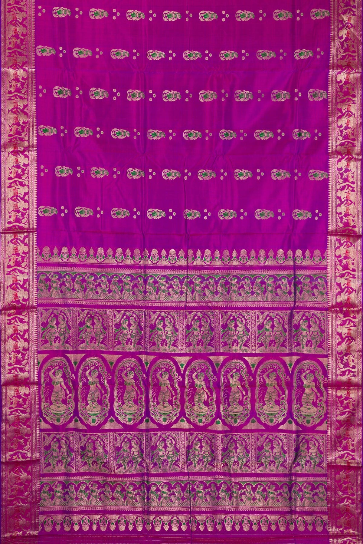 Flat view of Pure Silk Magenta Dual Tone Baluchari Saree with Zari And Thread Butta on the body and Fancy Border. 