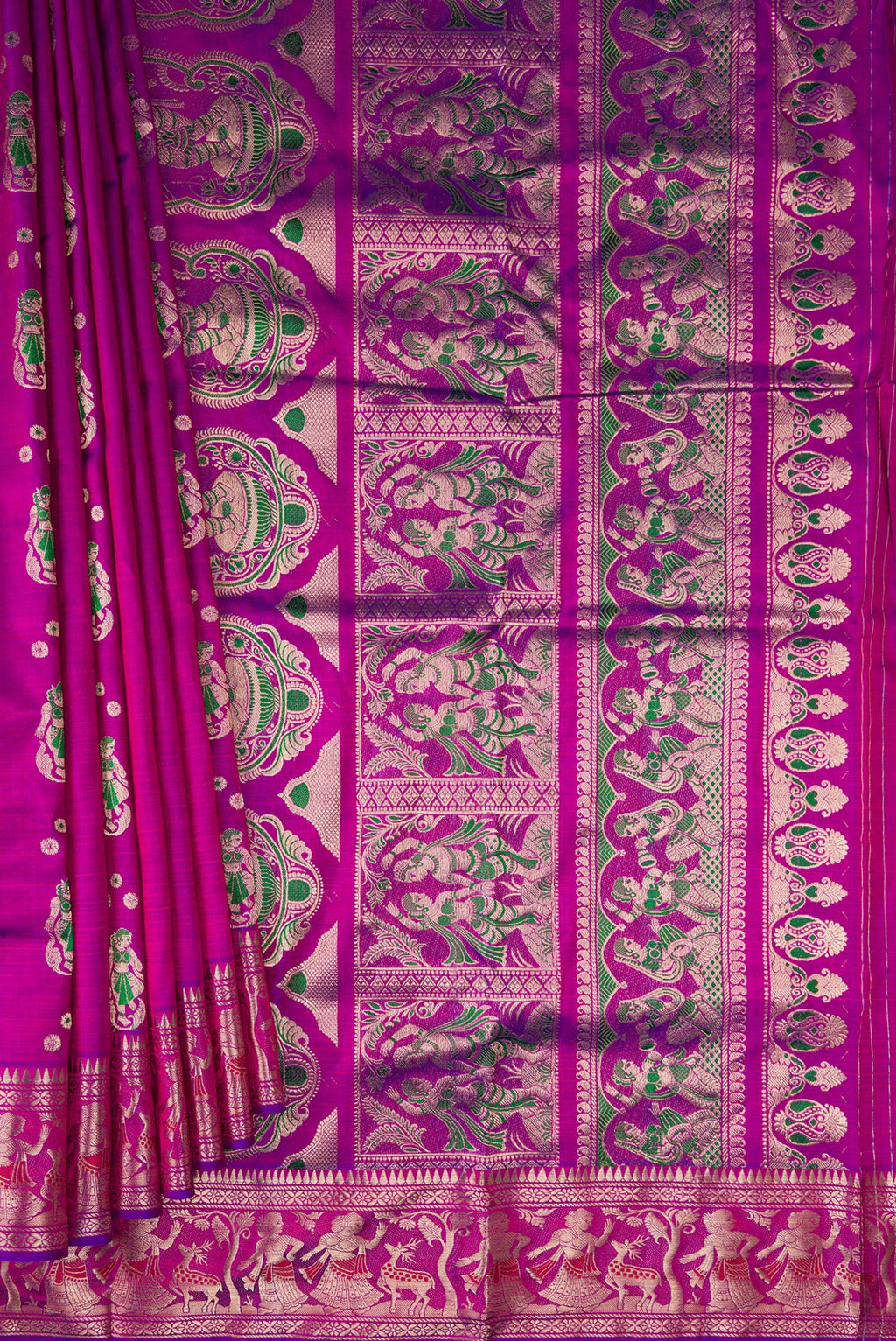 Pleats and pallu of Pure Silk Magenta Dual Tone Baluchari Saree with Zari And Thread Butta on the body and Fancy Border. 