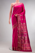 Pure Silk Dark Pink Dual Tone Baluchari Saree with Zari And Thread Butta on the body and Fancy Border.  displayed on a mannequin