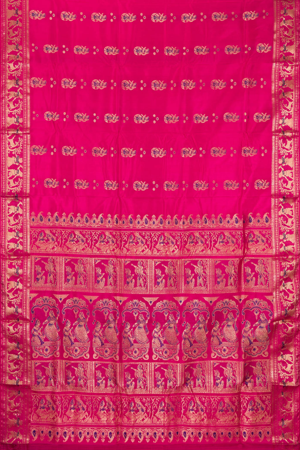 Flat view of Pure Silk Dark Pink Dual Tone Baluchari Saree with Zari And Thread Butta on the body and Fancy Border. 
