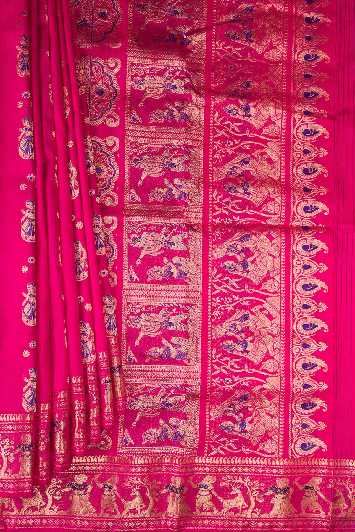 Pleats and pallu of Pure Silk Dark Pink Dual Tone Baluchari Saree with Zari And Thread Butta on the body and Fancy Border. 