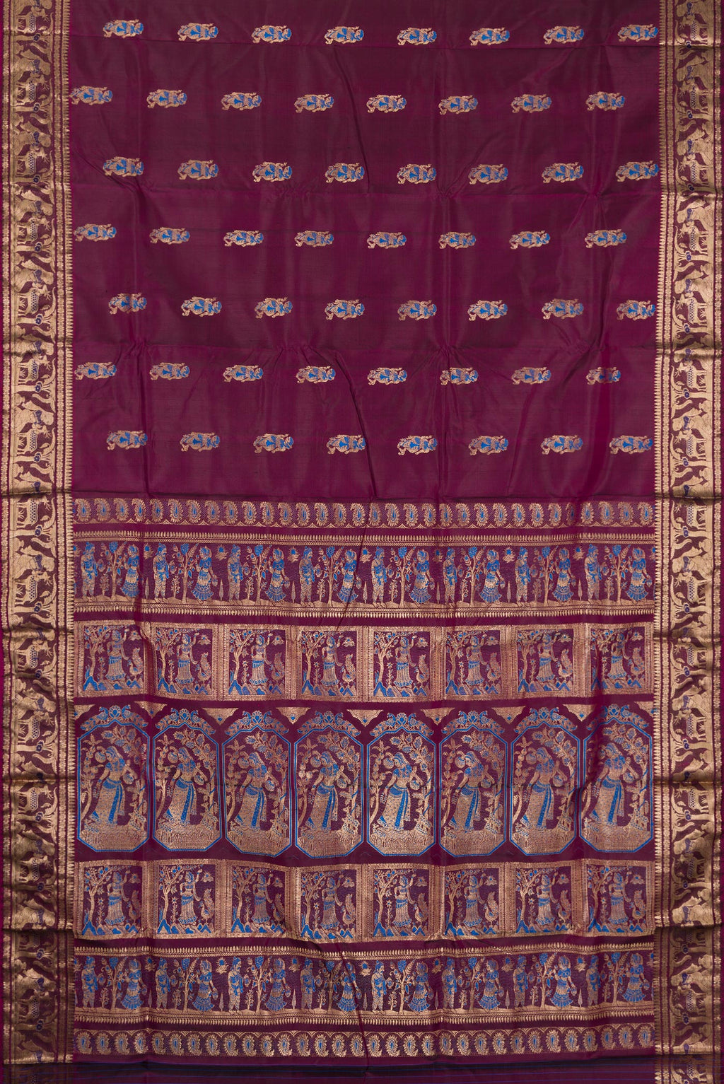 Flat view of Pure Silk Burgundy Dual Tone Baluchari Saree with Zari And Thread Butta on the body and Fancy Border. 
