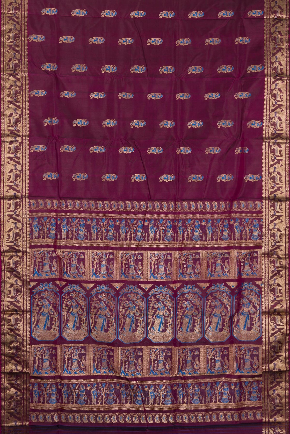 Flat view of Pure Silk Burgundy Dual Tone Baluchari Saree with Zari And Thread Butta on the body and Fancy Border. 