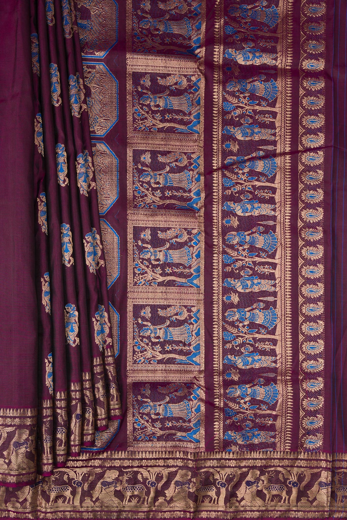 Pleats and pallu of Pure Silk Burgundy Dual Tone Baluchari Saree with Zari And Thread Butta on the body and Fancy Border. 