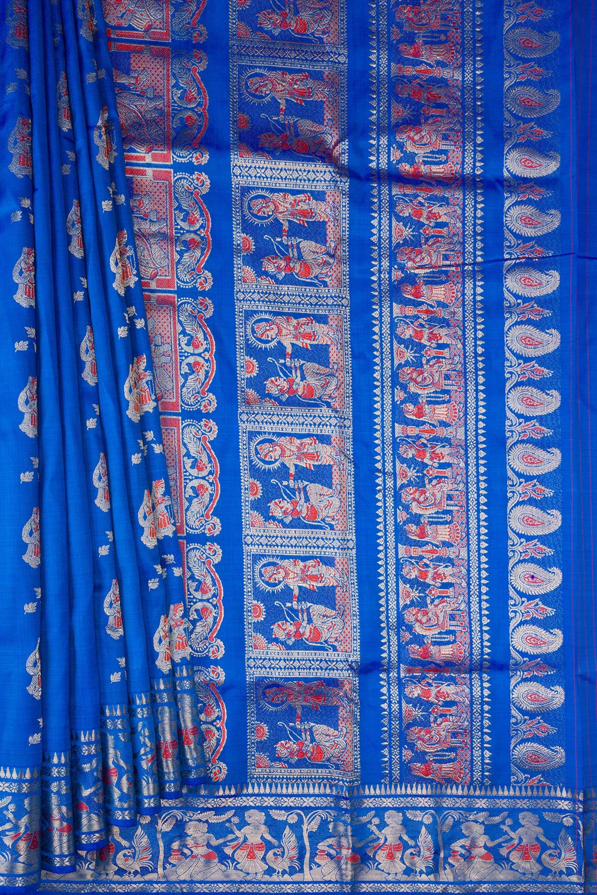 Pleats and pallu of Pure Silk Royal Blue Baluchari Saree with Zari And Thread Butta on the body and Zari Border. 