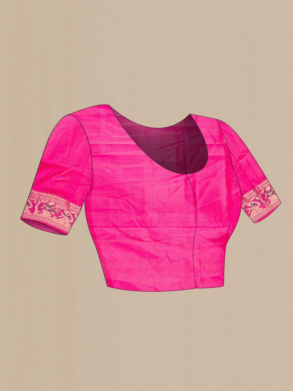 Close up image of the blouse of Pure Silk Pink Baluchari Saree with Zari And Thread Butta on the body and Fancy Border. 