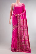 Pure Silk Pink Baluchari Saree with Zari And Thread Butta on the body and Fancy Border.  displayed on a mannequin
