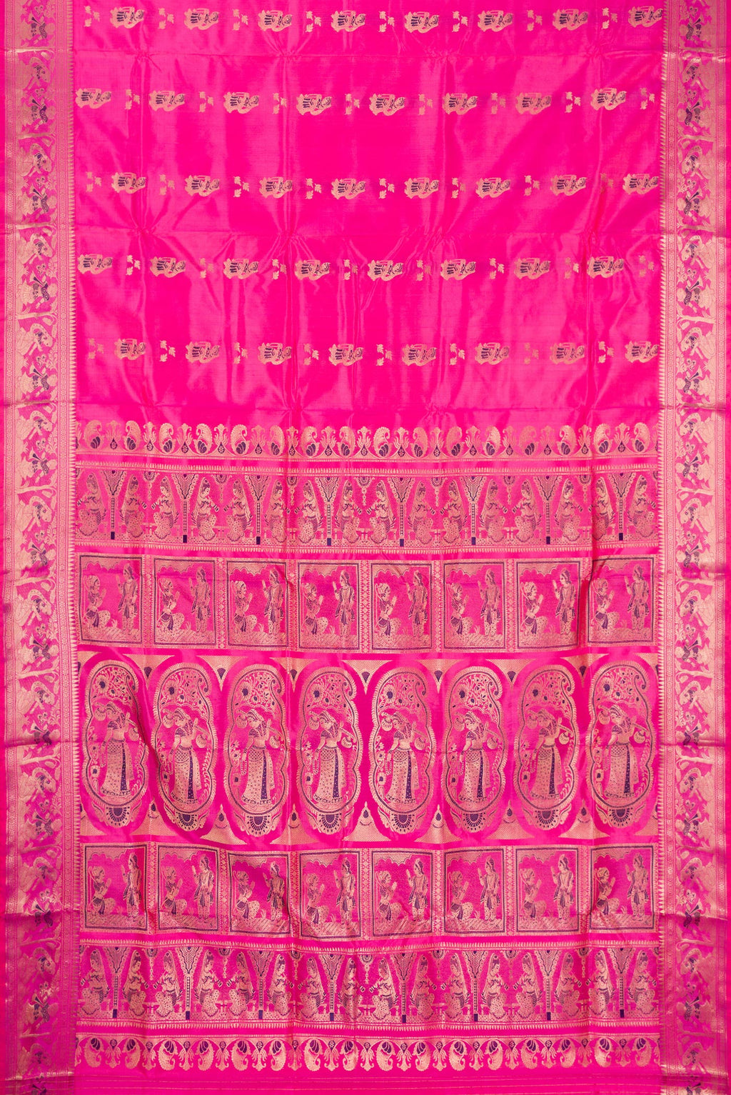 Flat view of Pure Silk Pink Baluchari Saree with Zari And Thread Butta on the body and Fancy Border. 