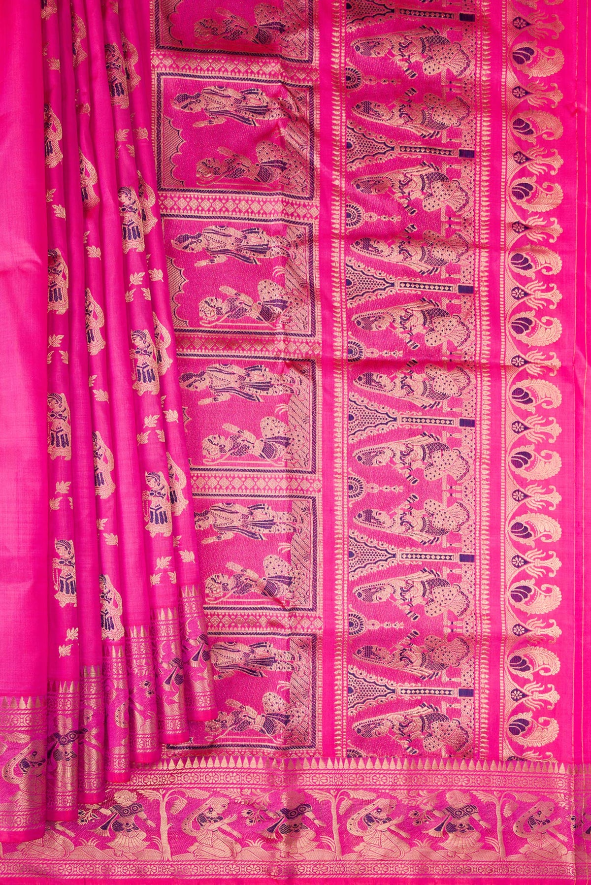 Pleats and pallu of Pure Silk Pink Baluchari Saree with Zari And Thread Butta on the body and Fancy Border. 