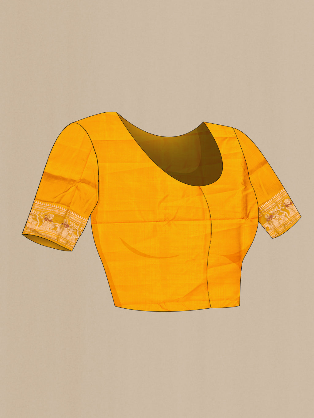 Close up image of the blouse of Pure Silk Mustard Baluchari Saree with Zari And Thread Butta on the body and Fancy Border. 