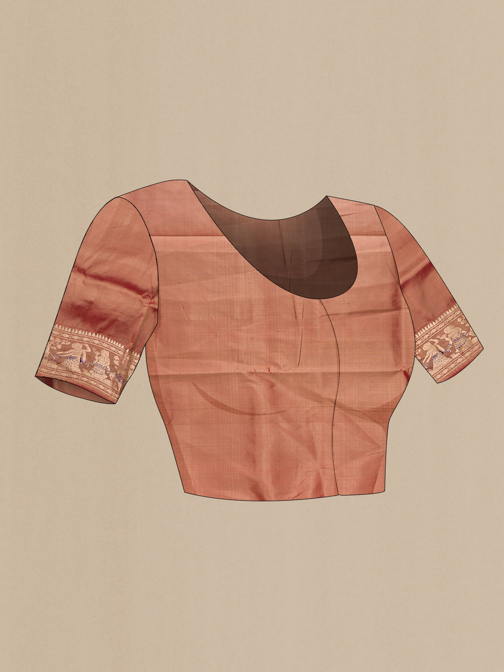 Close up image of the blouse of Pure Silk Brown Dual Tone Baluchari Saree with Zari And Thread Butta on the body and Fancy Border. 