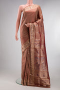 Pure Silk Brown Dual Tone Baluchari Saree with Zari And Thread Butta on the body and Fancy Border.  displayed on a mannequin
