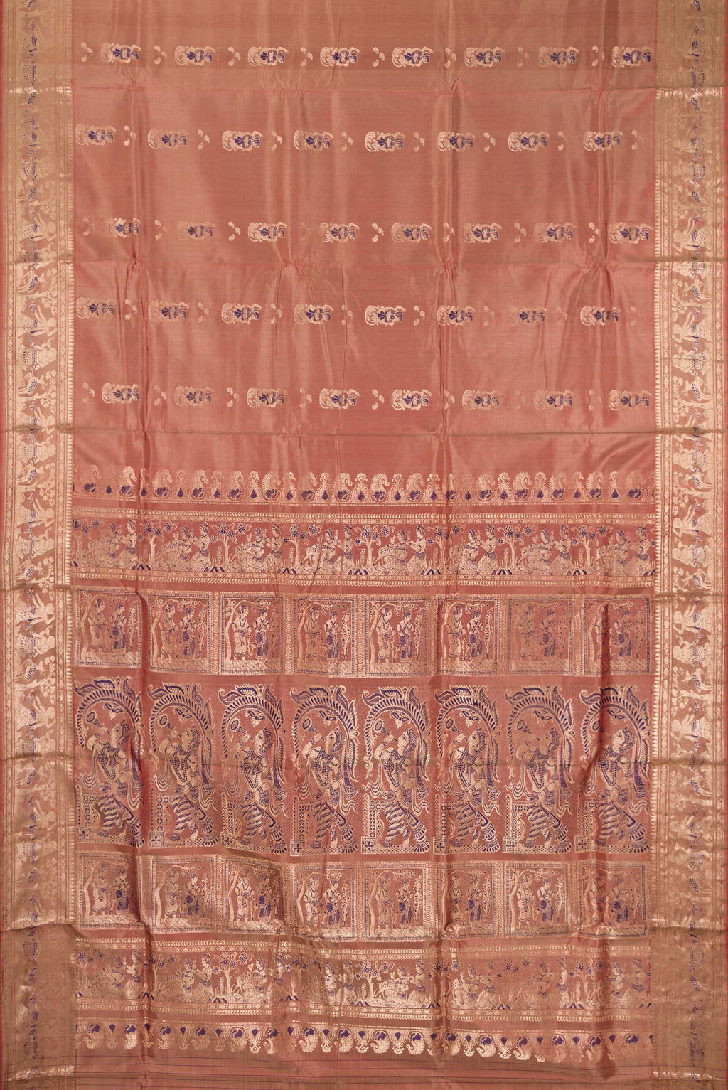 Flat view of Pure Silk Brown Dual Tone Baluchari Saree with Zari And Thread Butta on the body and Fancy Border. 