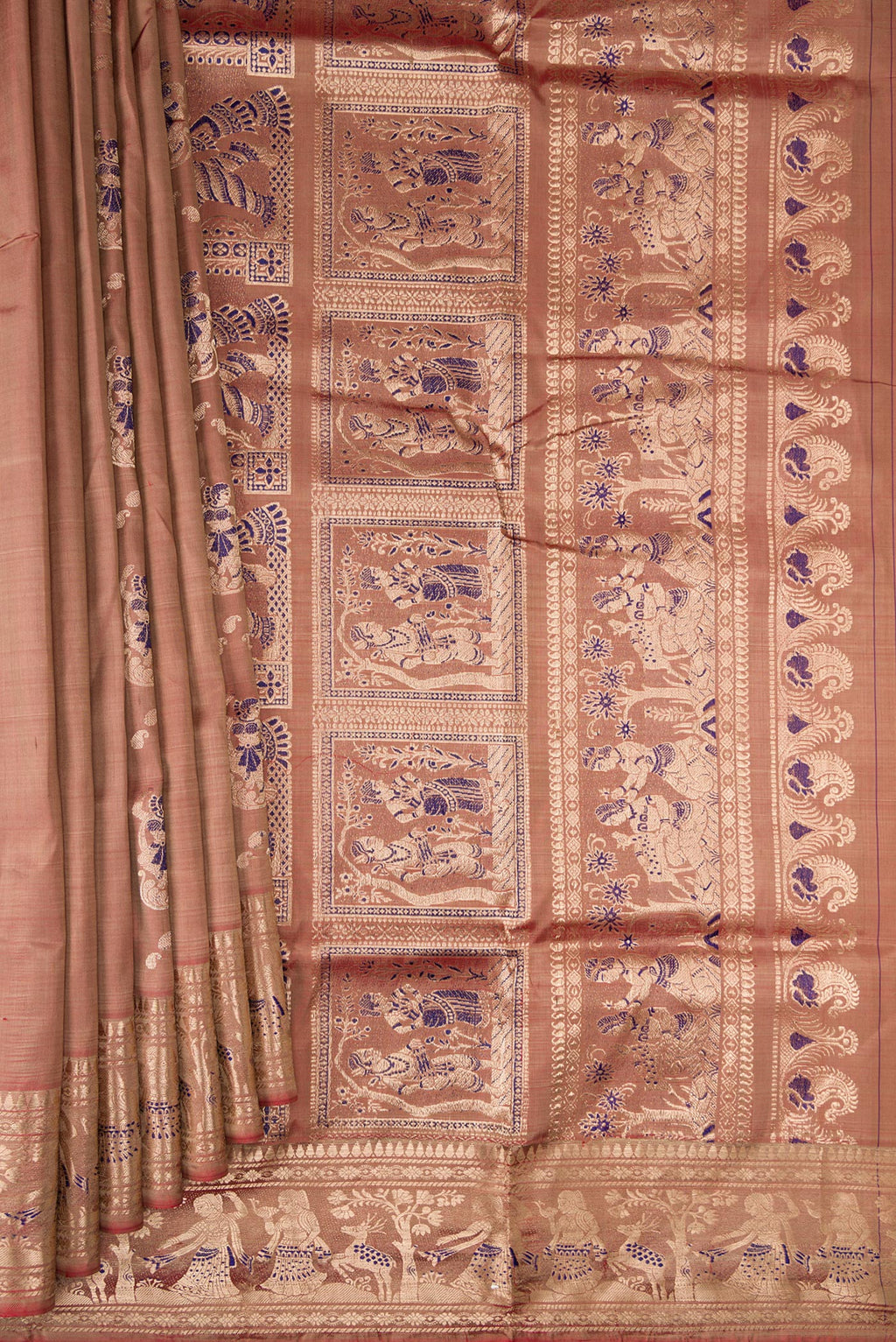 Pleats and pallu of Pure Silk Brown Dual Tone Baluchari Saree with Zari And Thread Butta on the body and Fancy Border. 