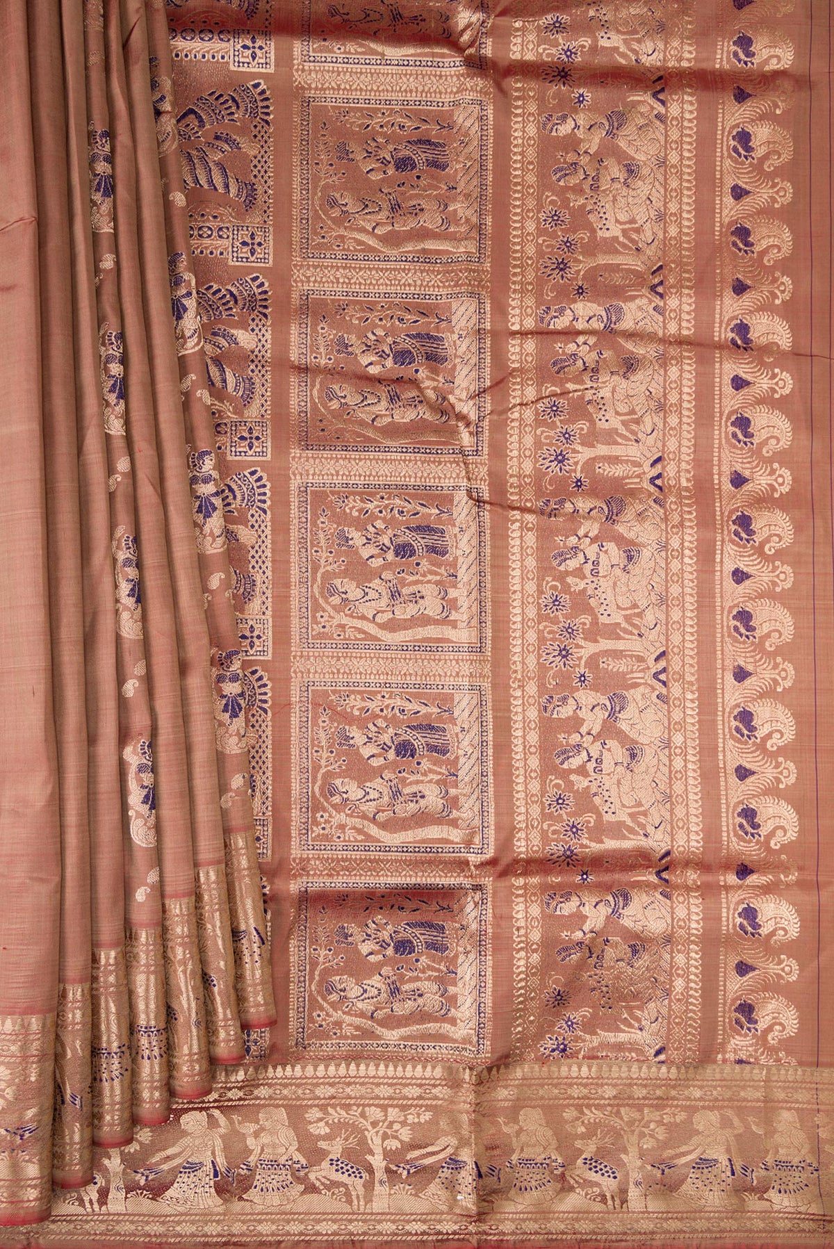 Pleats and pallu of Pure Silk Brown Dual Tone Baluchari Saree with Zari And Thread Butta on the body and Fancy Border. 