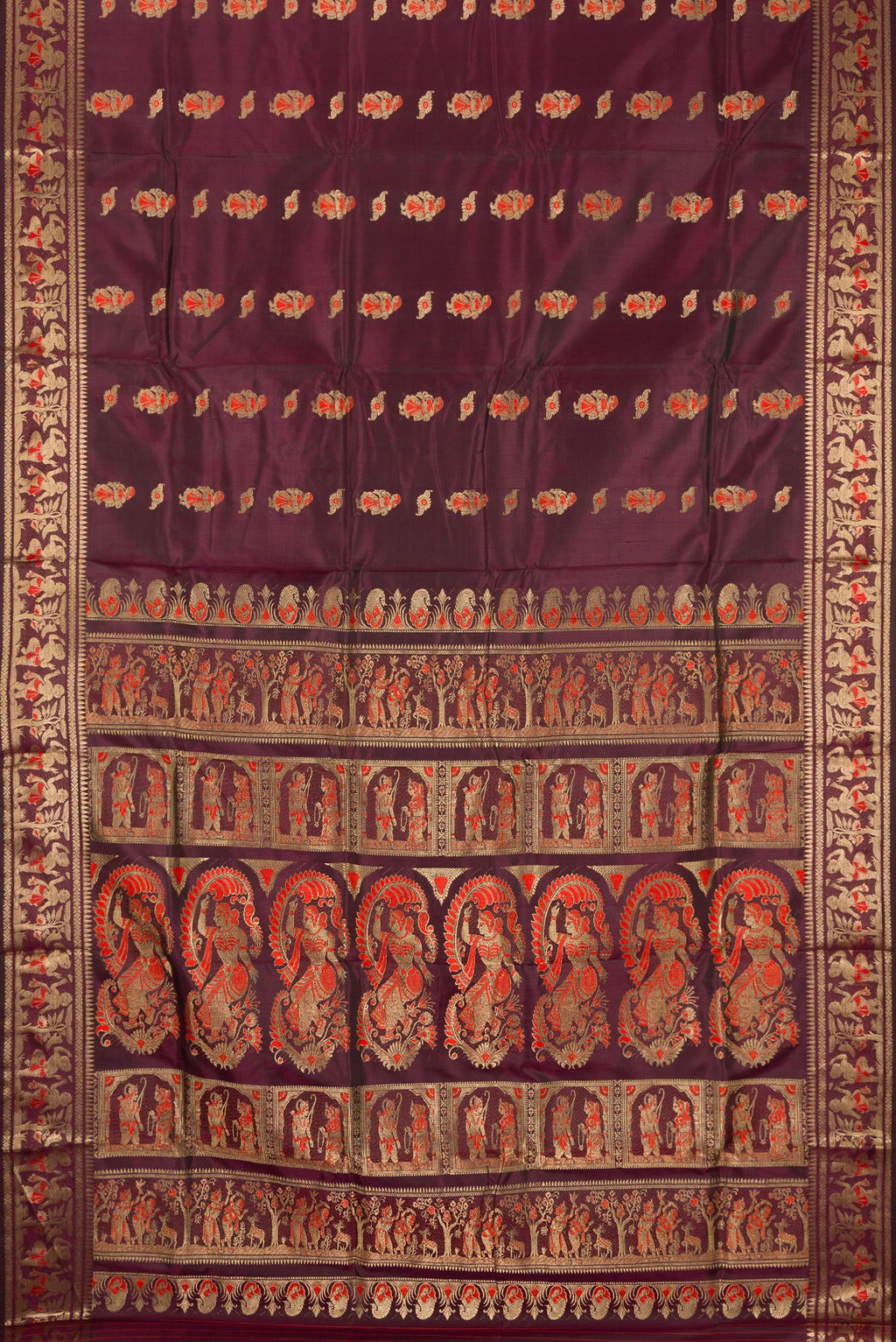 Flat view of Pure Silk Coffee Brown Baluchari Saree with Zari And Thread Butta on the body and Fancy Border. 