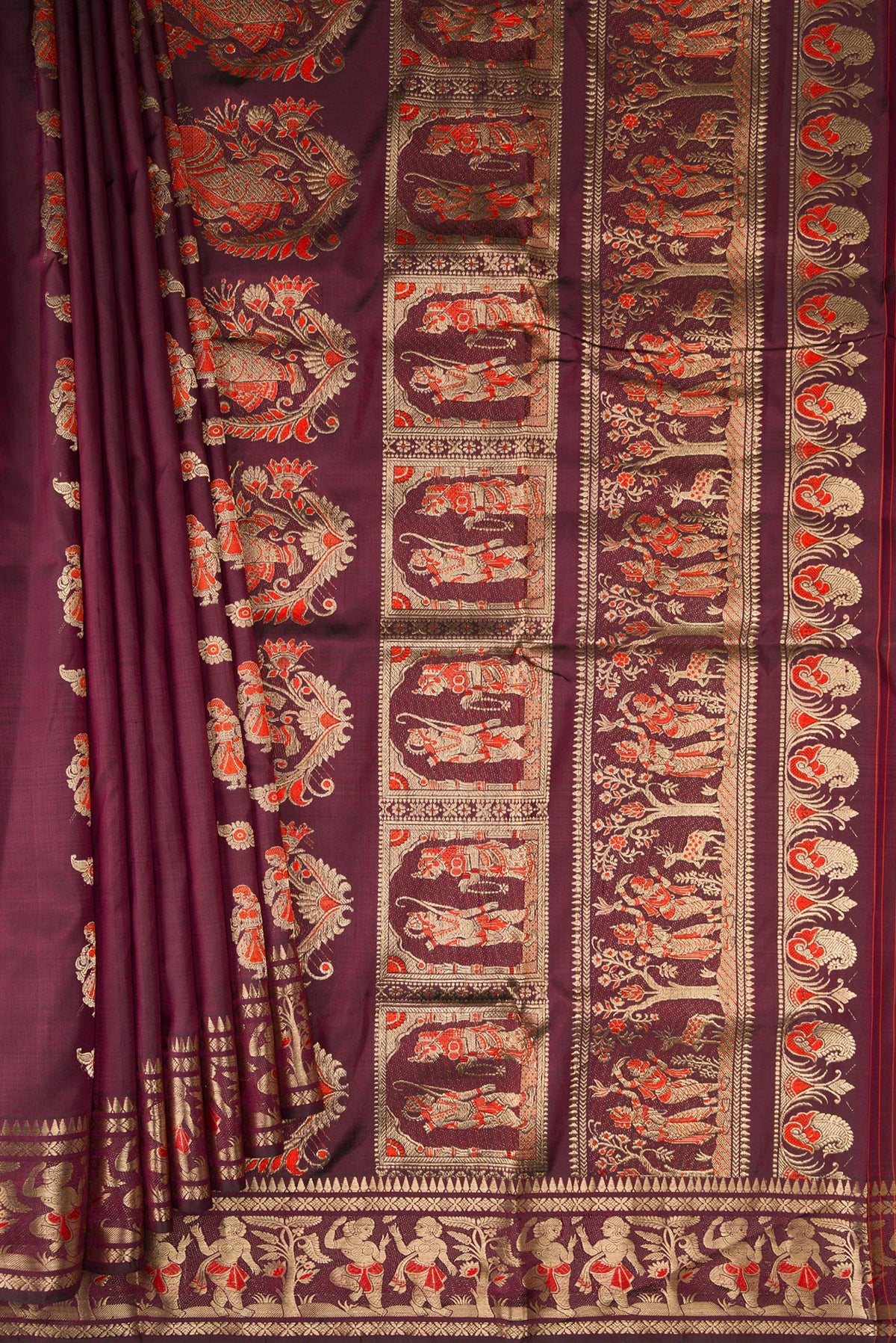 Pleats and pallu of Pure Silk Coffee Brown Baluchari Saree with Zari And Thread Butta on the body and Fancy Border. 