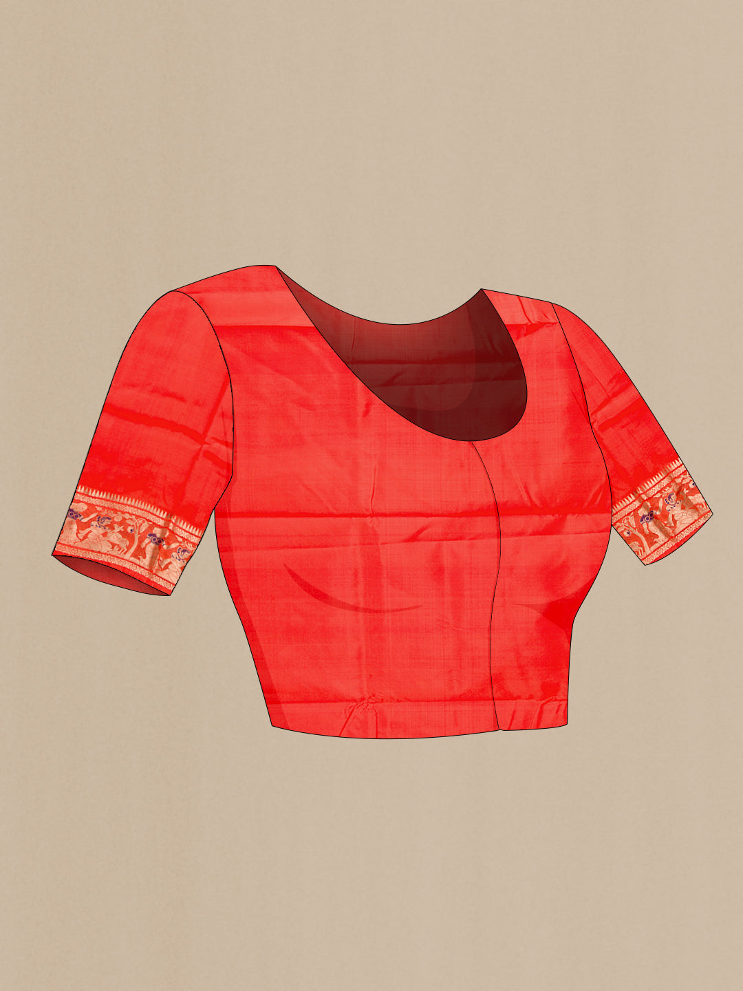 Close up image of the blouse of Pure Silk Orange Baluchari Saree with Zari And Thread Butta on the body and Fancy Border. 