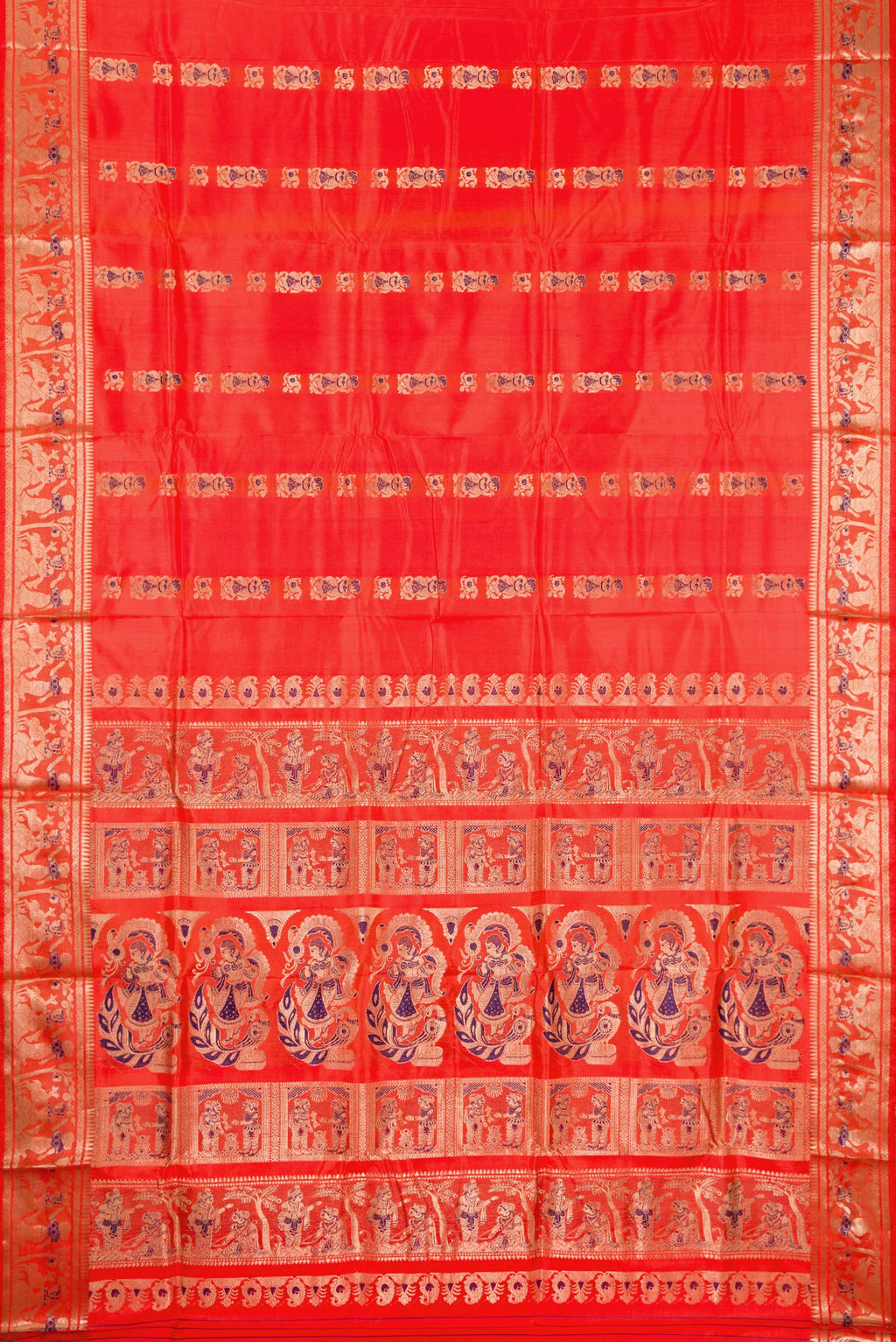 Flat view of Pure Silk Orange Baluchari Saree with Zari And Thread Butta on the body and Fancy Border. 
