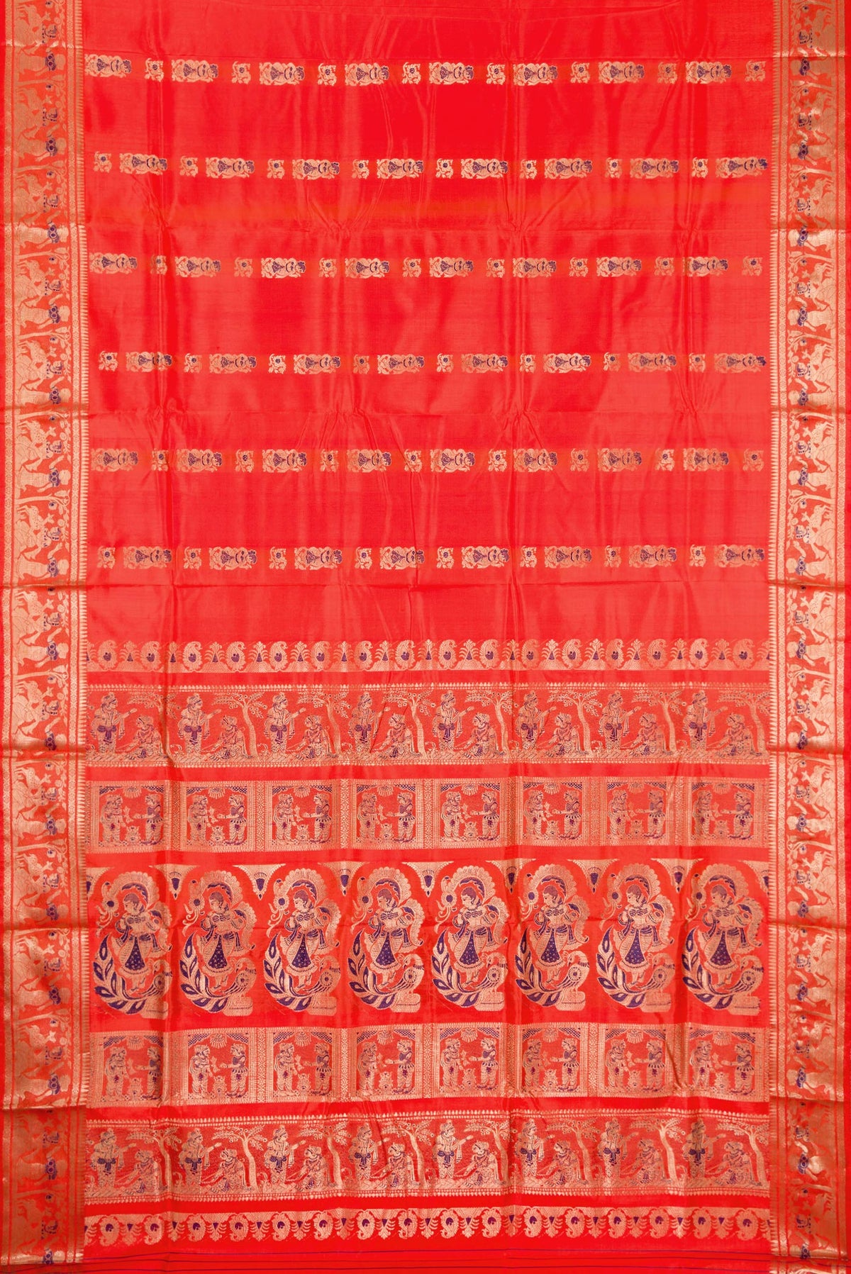 Flat view of Pure Silk Orange Baluchari Saree with Zari And Thread Butta on the body and Fancy Border. 