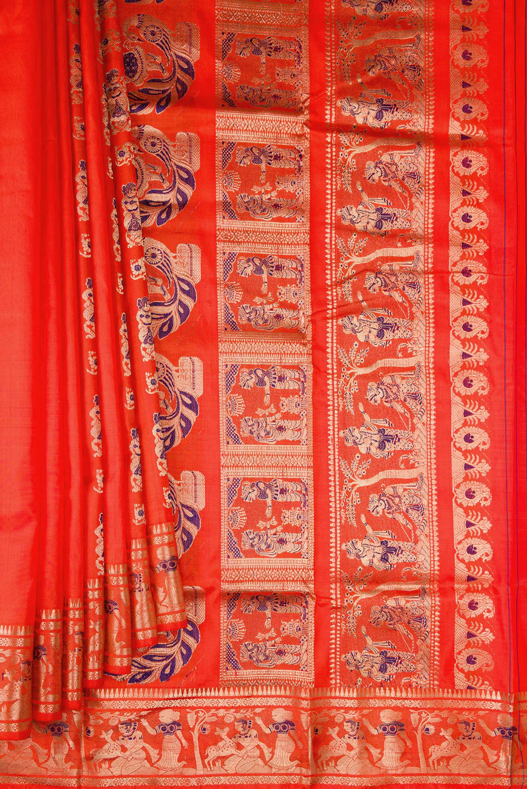 Pleats and pallu of Pure Silk Orange Baluchari Saree with Zari And Thread Butta on the body and Fancy Border. 