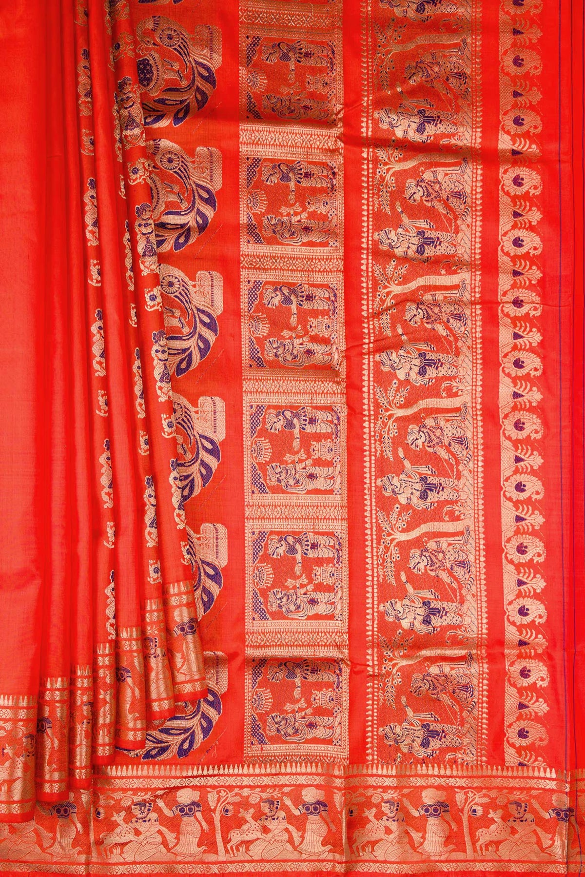 Pleats and pallu of Pure Silk Orange Baluchari Saree with Zari And Thread Butta on the body and Fancy Border. 
