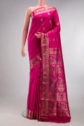 Pure Silk Pink Baluchari Saree with Zari And Thread Butta on the body and Fancy Border.  displayed on a mannequin