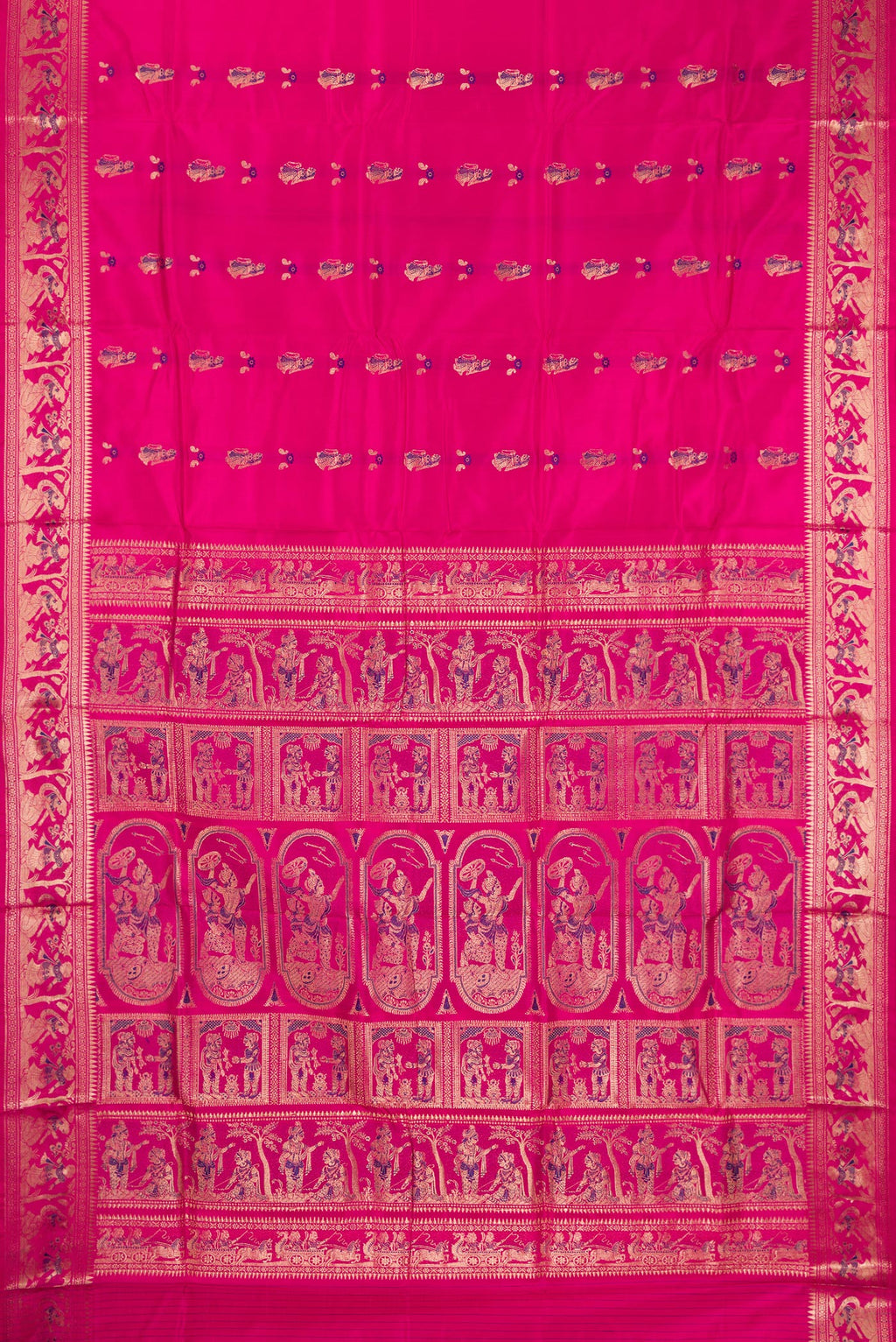Flat view of Pure Silk Pink Baluchari Saree with Zari And Thread Butta on the body and Fancy Border. 