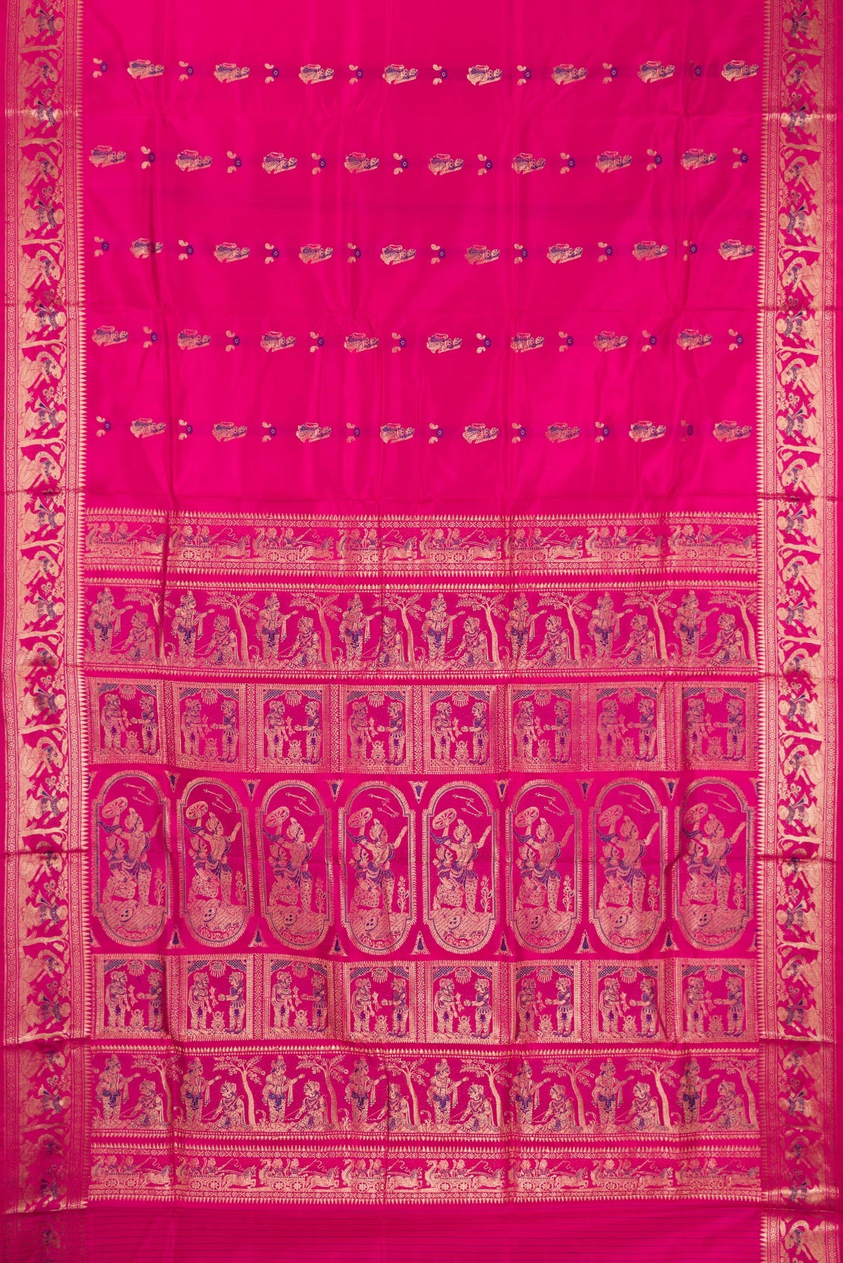 Flat view of Pure Silk Pink Baluchari Saree with Zari And Thread Butta on the body and Fancy Border. 