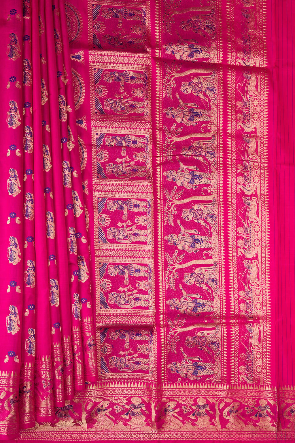 Pleats and pallu of Pure Silk Pink Baluchari Saree with Zari And Thread Butta on the body and Fancy Border. 