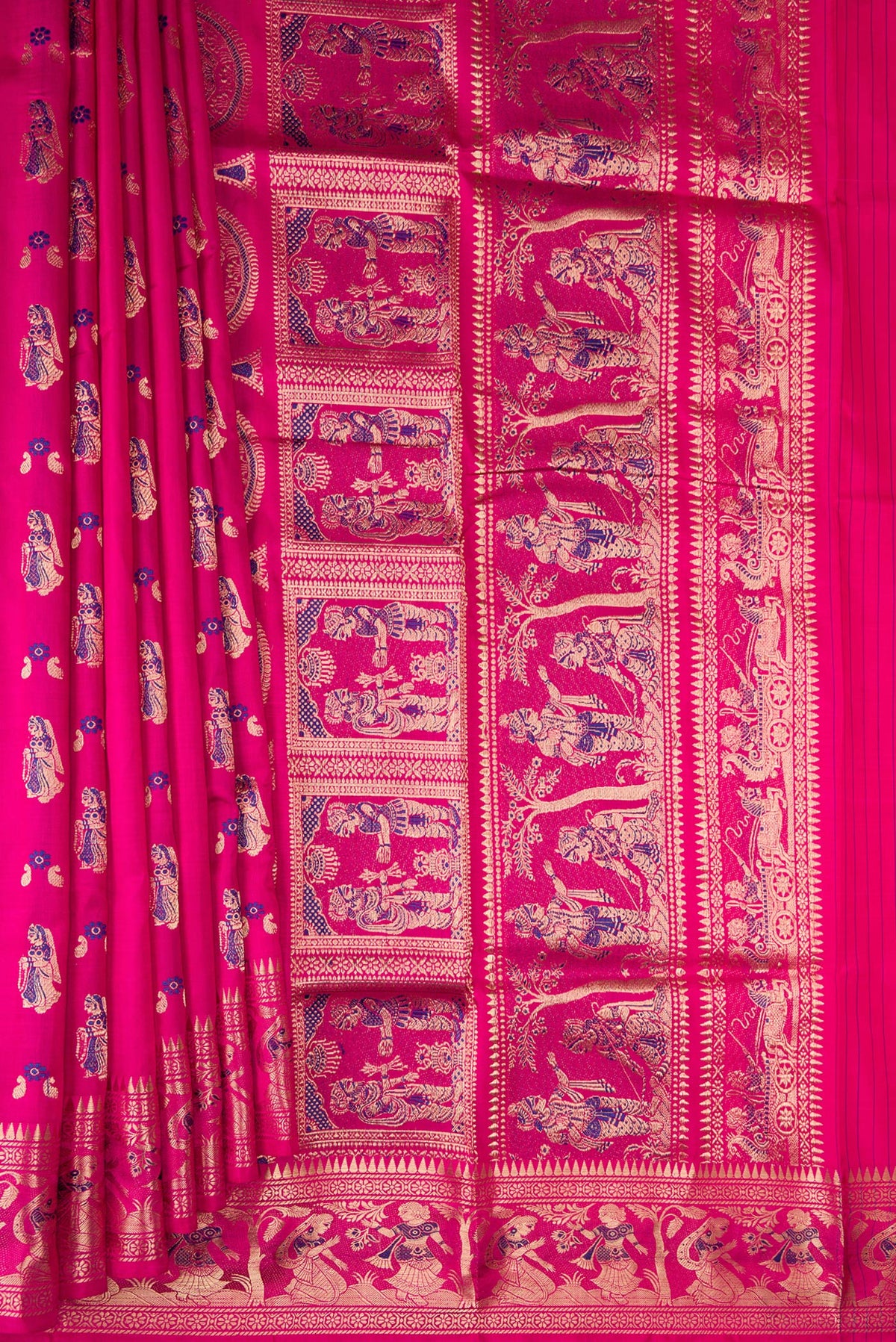 Pleats and pallu of Pure Silk Pink Baluchari Saree with Zari And Thread Butta on the body and Fancy Border. 