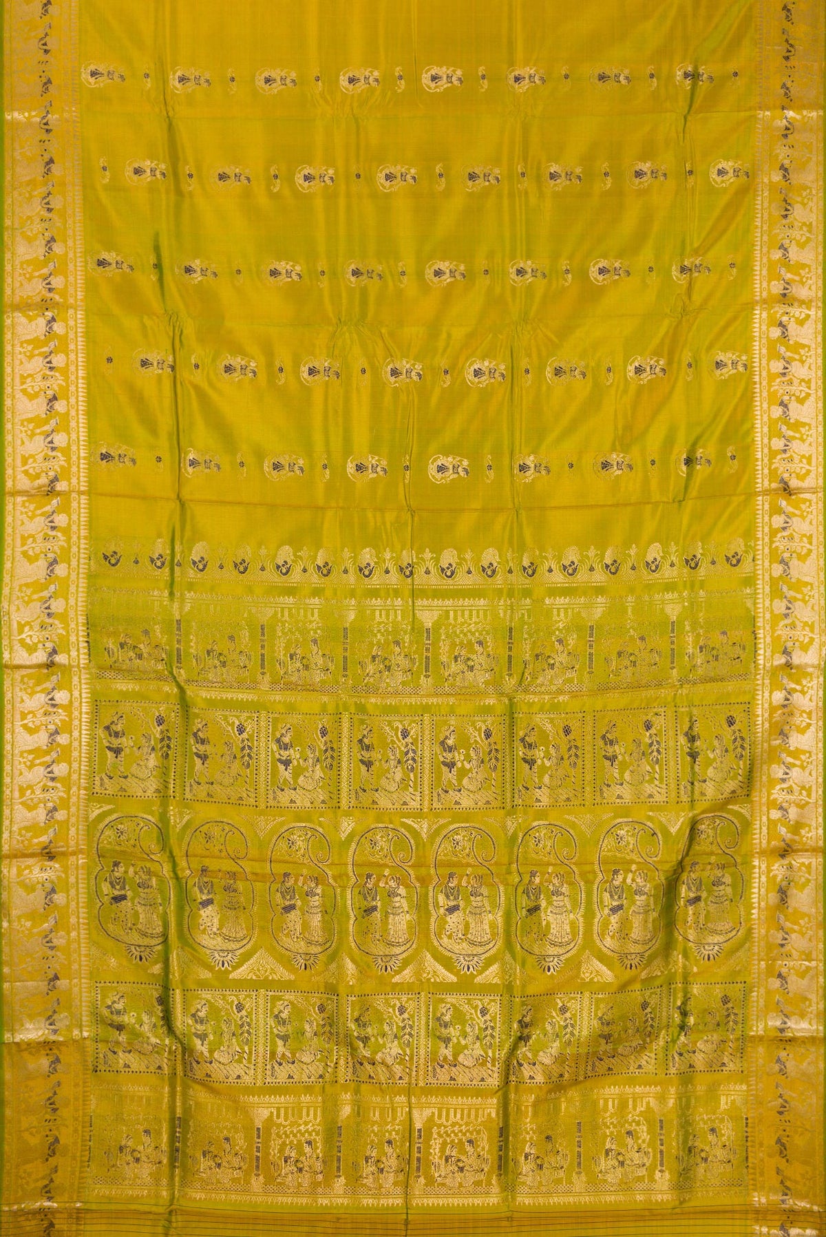 Flat view of Pure Silk Mehandi Green Dual Tone Baluchari Saree with Zari And Thread Butta on the body and Fancy Border. 