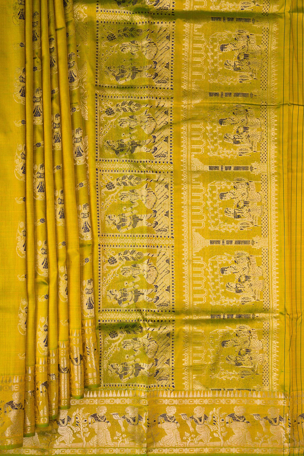 Pleats and pallu of Pure Silk Mehandi Green Dual Tone Baluchari Saree with Zari And Thread Butta on the body and Fancy Border. 