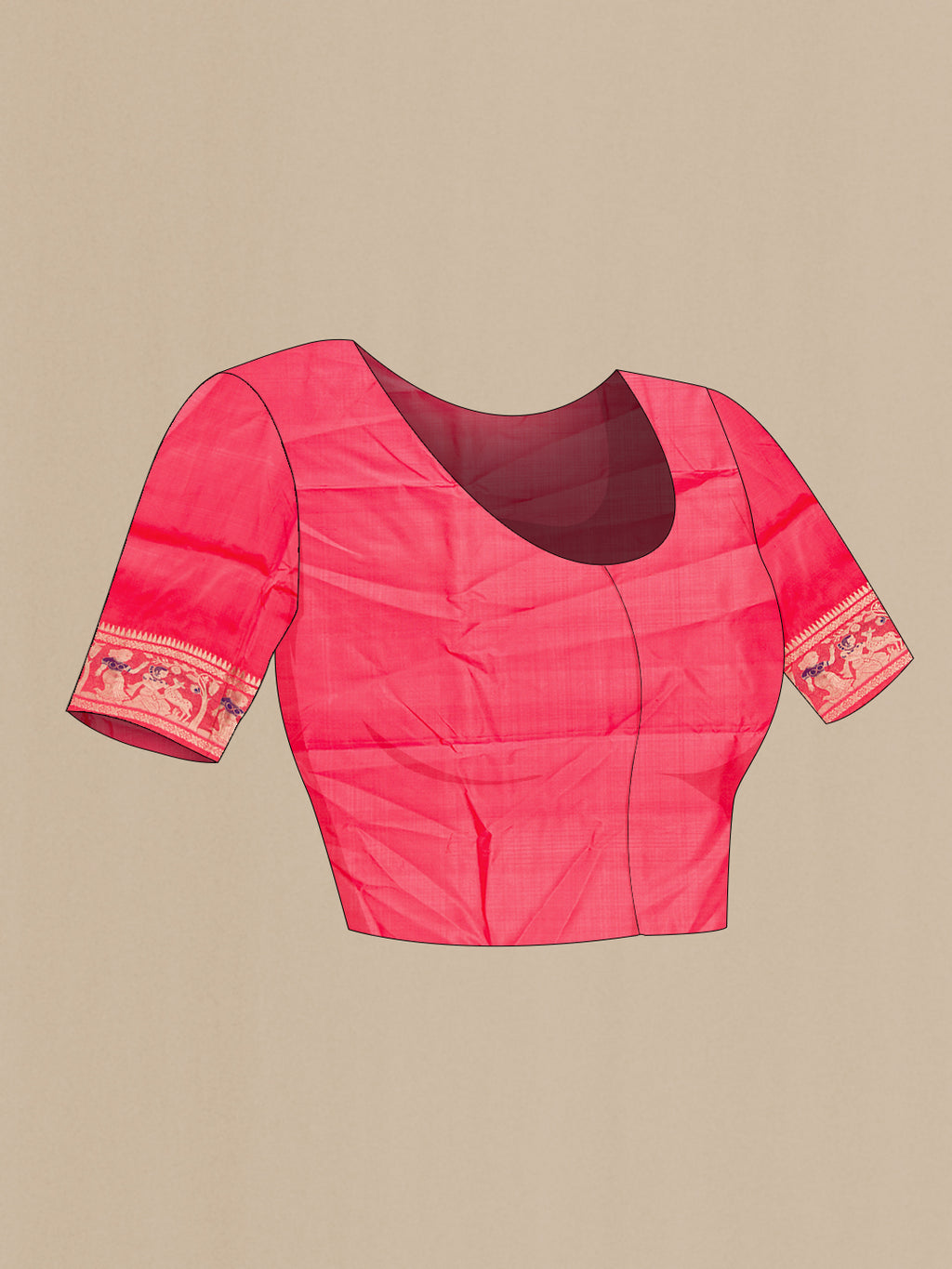 Close up image of the blouse of Pure Silk Coral Baluchari Saree with Zari And Thread Butta on the body and Fancy Border. 