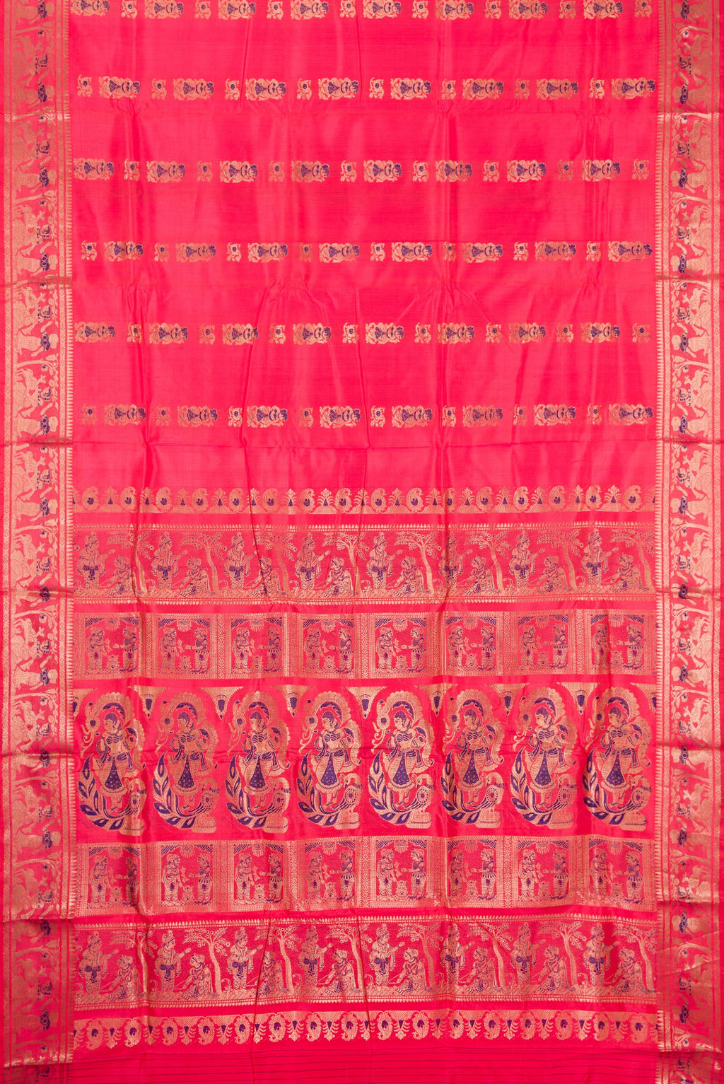 Flat view of Pure Silk Coral Baluchari Saree with Zari And Thread Butta on the body and Fancy Border. 