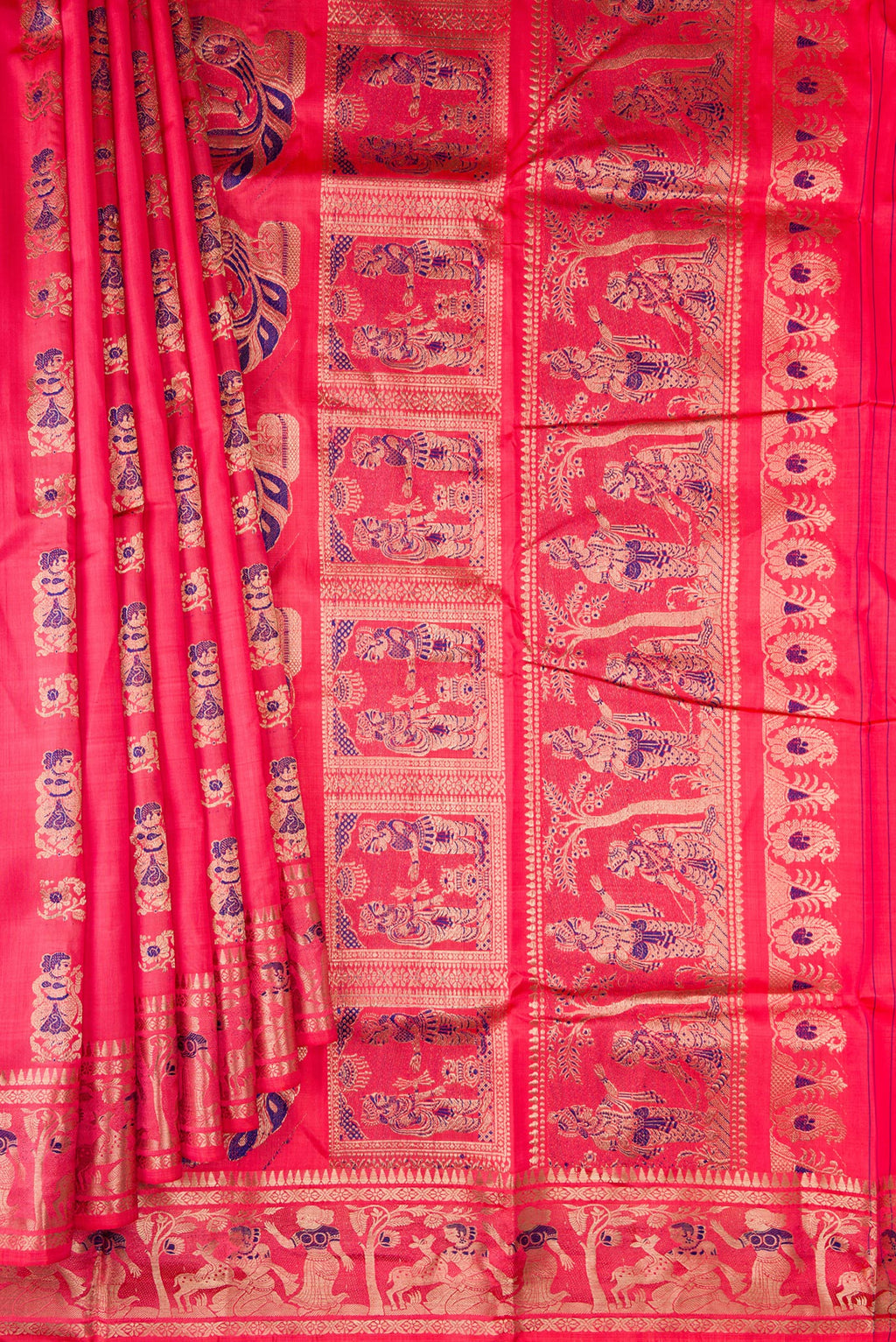 Pleats and pallu of Pure Silk Coral Baluchari Saree with Zari And Thread Butta on the body and Fancy Border. 