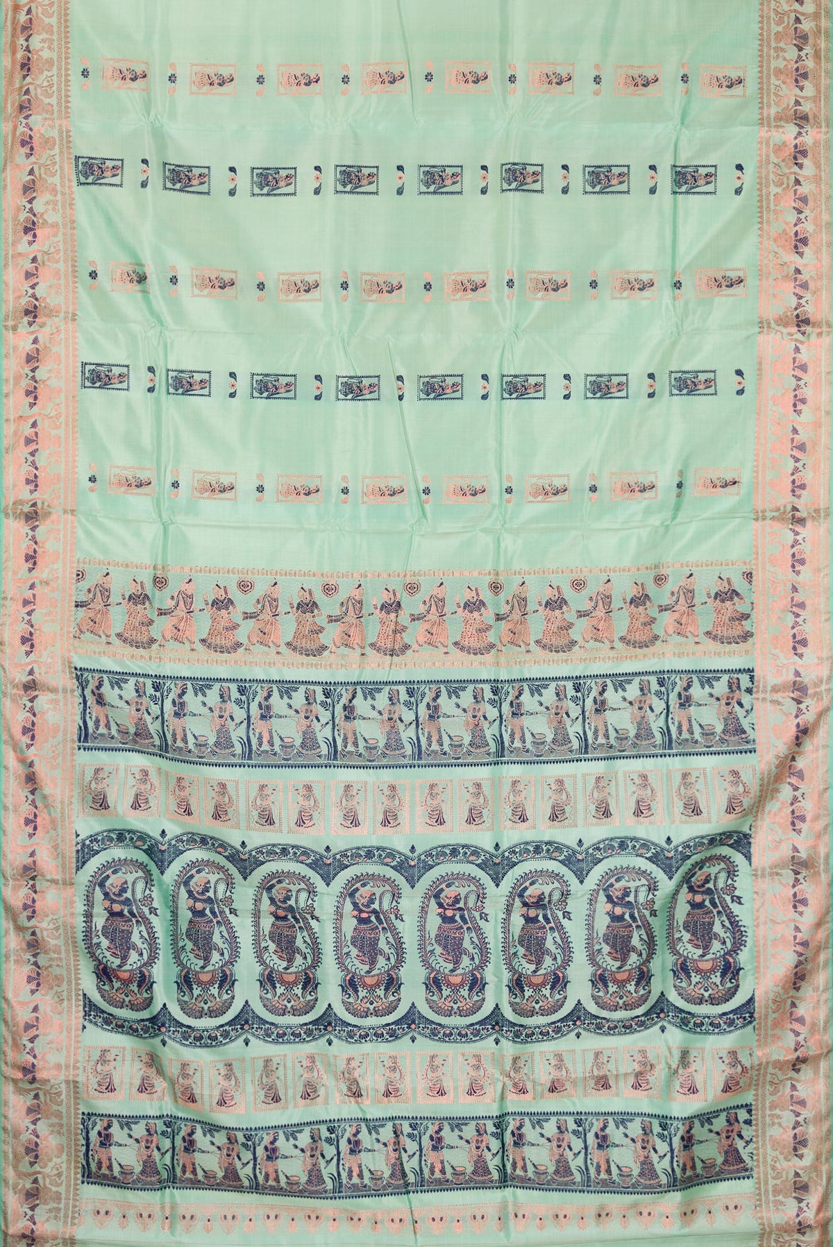 Flat view of Pure Silk Pista Green Baluchari Saree with Zari And Thread Butta on the body and Fancy Border. 