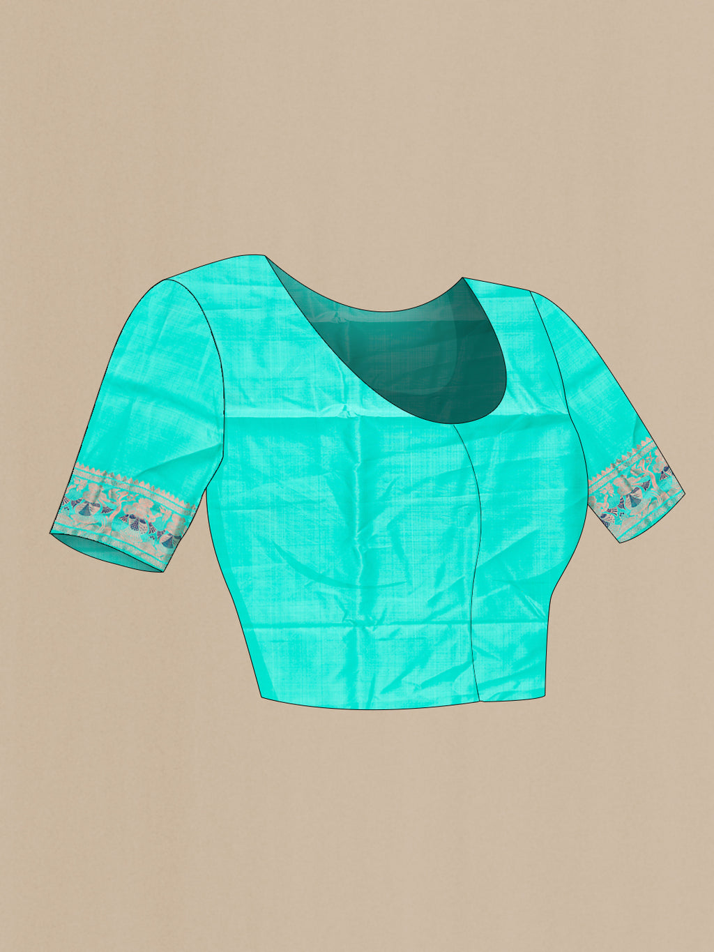 Close up image of the blouse of Pure Silk Turquoise Baluchari Saree with Zari And Thread Butta on the body and Fancy Border. 