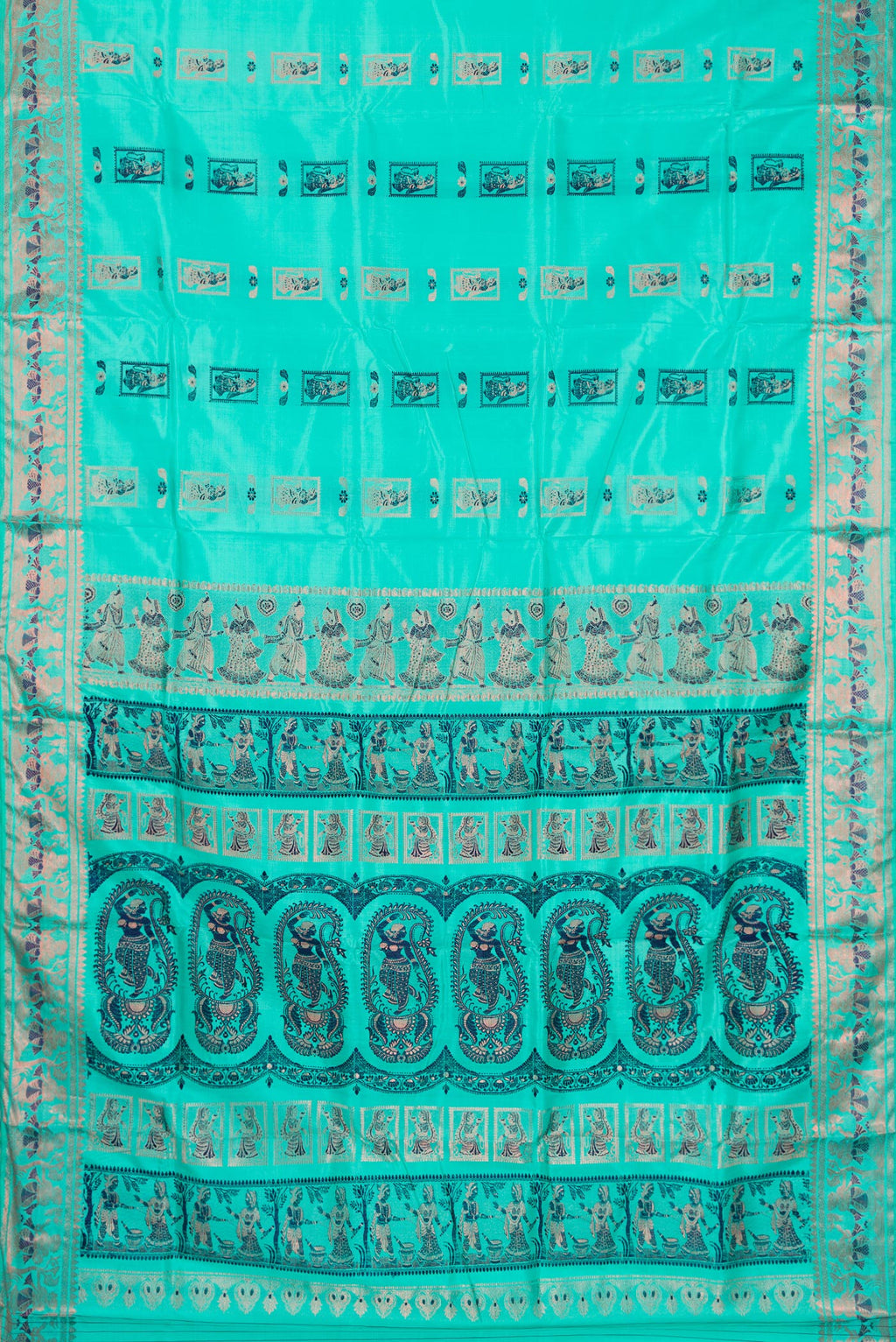 Flat view of Pure Silk Turquoise Baluchari Saree with Zari And Thread Butta on the body and Fancy Border. 