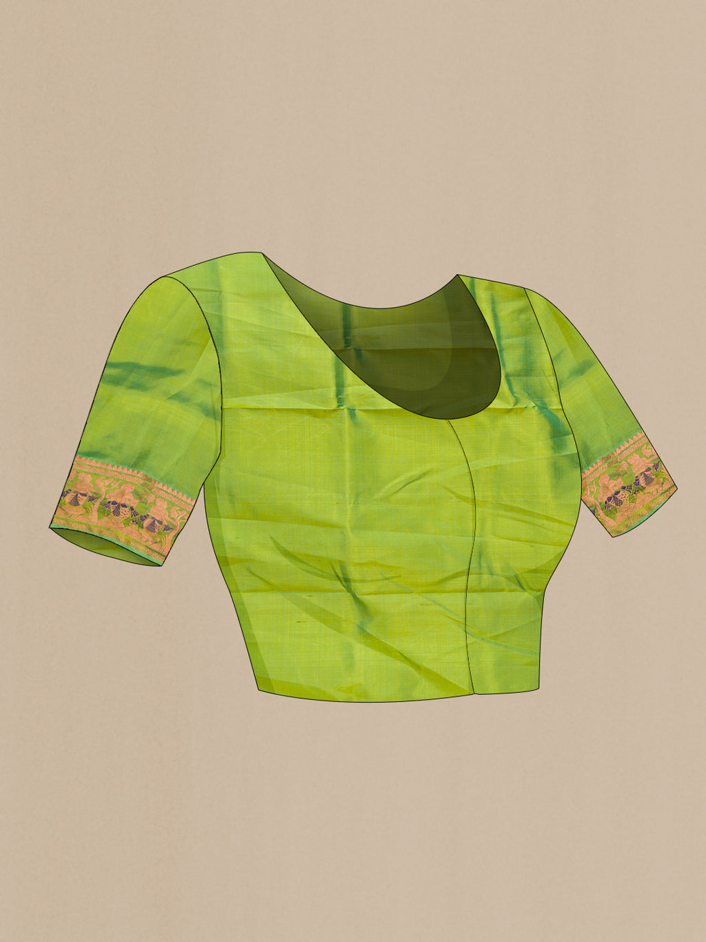 Close up image of the blouse of Pure Silk Parrot Green Dual Tone Baluchari Saree with Zari And Thread Butta on the body and Fancy Border. 