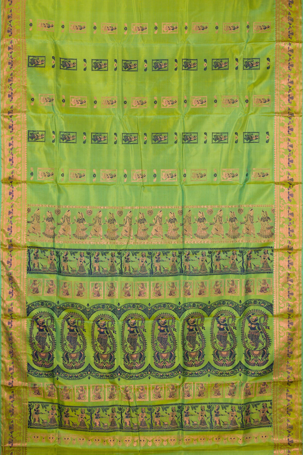 Flat view of Pure Silk Parrot Green Dual Tone Baluchari Saree with Zari And Thread Butta on the body and Fancy Border. 
