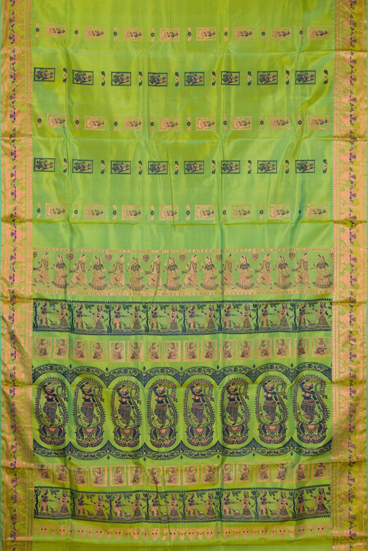 Flat view of Pure Silk Parrot Green Dual Tone Baluchari Saree with Zari And Thread Butta on the body and Fancy Border. 